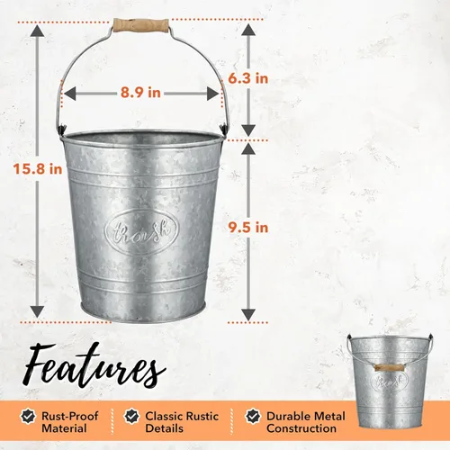 Miniatura 4 de Autumn Alley - Bote de basura galvanizado Cesta de basura de baño pequeña Anillos en relieve, su etiqueta ovalada y el mango de madera torneada