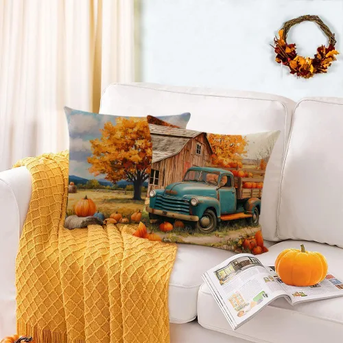 Miniatura 4 de Juego de 4 fundas de almohada de otoño de 12 x 12 pulgadas, fundas de almohada de calabazas de Acción de Gracias, fundas de cojín decorativas