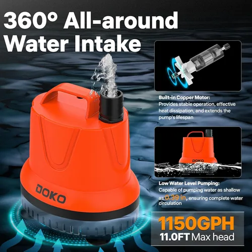 Miniatura 2 de Bomba sumergible DOKO, bomba de agua para pecera de 1150GPH con cable de alimentación de 6 pies y asa, bomba de estanque ultra silenciosa con 4