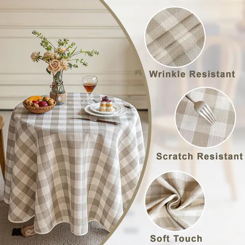 Miniatura 3 de Alsoo Mantel redondo de cuadros beige de 60 pulgadas, mantel circular a cuadros, lavable, sin arrugas, de lino y algodón, para picnic, cocina