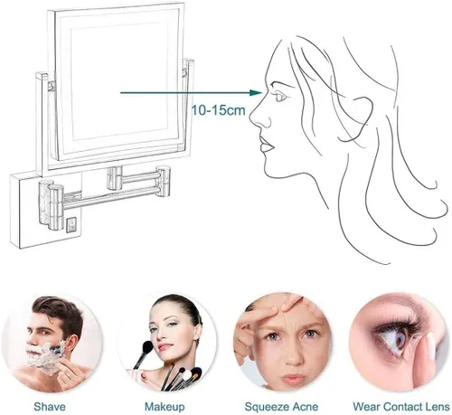 Miniatura 3 de Espejo de tocador LED de maquillaje, cuadrado de doble cara iluminado espejo cosmético montado en la pared, espejos de baño, cableados, negro, 8