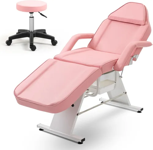 Miniatura 10 de Silla de tatuaje de salón de masaje con dos bandejas, cama esteticista con taburete hidráulico, mesa de cama facial multiusos de 3 secciones,