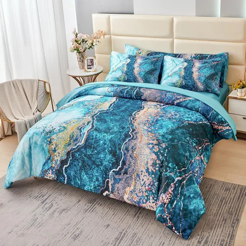 Miniatura 18 de PERFEMET Juego de edredón de 6 piezas tamaño Full, color oro aguamarina, ropa de cama en una bolsa, edredón de mármol acuarela con sábanas, suave