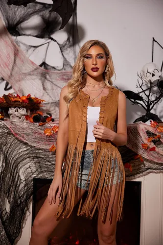 Miniatura 4 de HOTOUCH Women Fringe Vest 70s Hippie Costume Faux Suede Sleeveless Tassels Cardigan Cowgirl Western Tops