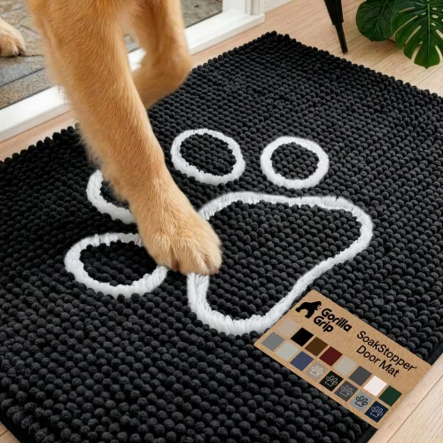 GORILLA GRIP SOAKSTOPPER - Tapete para puerta de perro, 30 x 20 pulgadas, lavable a máquina, absorbente, captura la humedad, barro, suciedad, Negro