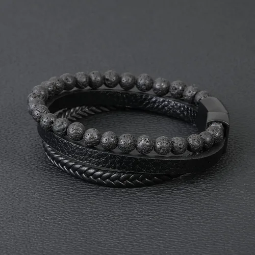 Miniatura 6 de Pulseras de cuentas de cuero en capas para hombres, pulseras de cuero trenzado con ojo de tigre y piedra de lava para hombres con cierre magnético