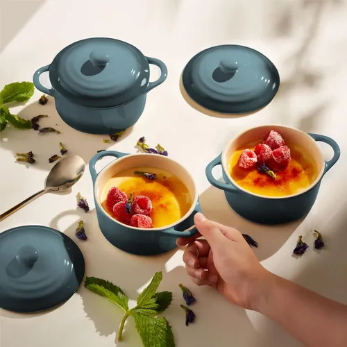Miniatura 2 de Kook Juego de Mini Cocotte Cerámica, Cazuelas Pequeñas con Tapa y Asas, Ramekins de Horneado Individuales, Apto para Horno, Microondas y Piedra Ombre