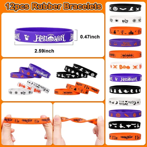 Miniatura 5 de MGparty Paquete de 288 regalos de fiesta de Halloween, juguetes a granel para niños, sellos de tatuajes, pulseras de goma, pulseras de goma