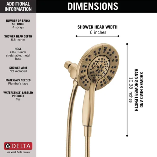 Miniatura 5 de Delta In2ition - Cabezal de ducha doble 2 en 1 de 4 ajustes con rociador de mano, cabezal de ducha desmontable de oro cepillado con manguera, Bronce