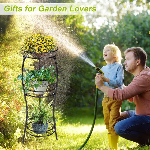 Miniatura 2 de VECELO Soporte de metal para plantas de 3 niveles para interiores, resistente al óxido, estable de 33.8 pulgadas de alto, soporte decorativo