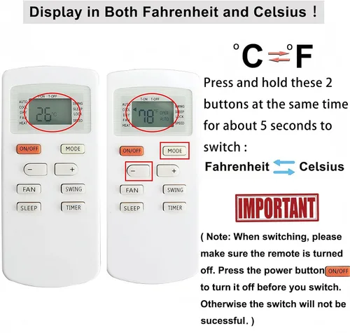 Miniatura 2 de Mando a distancia de repuesto YX1FF YX1F compatible con aire acondicionado Soleus Air Soleus GH-PAC-10E5 (pantalla tanto en Fahrenheit como Celsius)