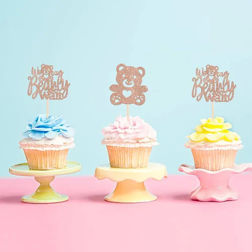 Miniatura 6 de Rsstarxi Paquete de 24 Adornos para Cupcakes We Can Bearly Wait con Purpurina de Oso para Baby Shower, Palillos Decorativos para Cupcakes
