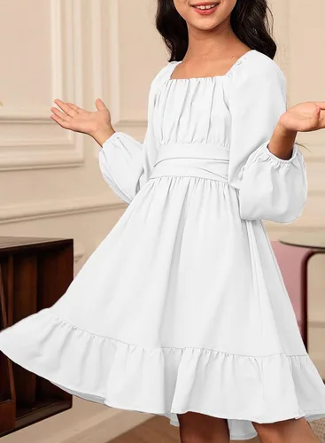 Miniatura 3 de blibean Vestido de manga larga con lazo en la espalda para niñas, vestido de otoño con hombros descubiertos, talla 6-15 años