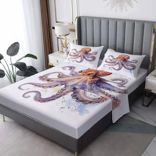 Miniatura 7 de Juego de sábanas de pulpo, tamaño individual, sábanas de dibujos animados de tentáculos, sábanas y fundas de almohada de 3 piezas, sábana bajera