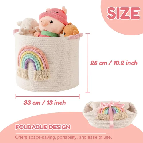 Miniatura 5 de Cestas de almacenamiento de juguetes cesta de almacenamiento de cuerda de algodón tejida con decoración de arco iris para niños, cestas de manta