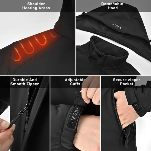 Miniatura 4 de EAY Mens Heated Jacket with Battery Pack 7.4V and Detachable Hood, Rechargeable Waterproof Eletric Heated Coat for Men