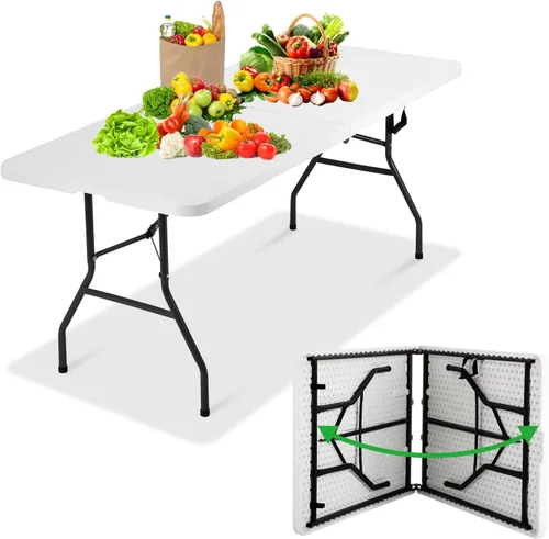 Mesa plegable portátil de plástico de 6 pies y 71 pulgadas, parte superior resistente con asa de transporte, interior y exterior, patio, camping,