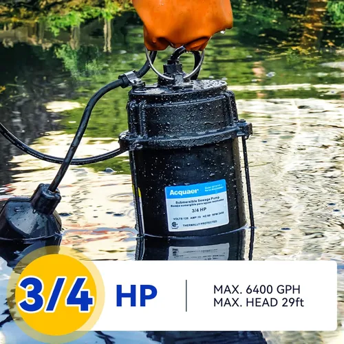 Miniatura 2 de Acquaer 3/4HP Bomba sumergible de efluentes de aguas residuales, hierro fundido, interruptor de flotador automático amarrado de 115V 6400 GPH, bomba
