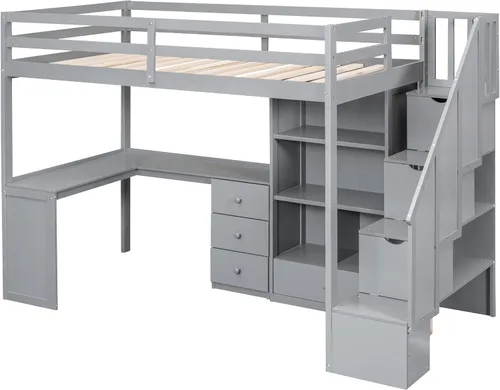 Miniatura 8 de Cama tipo loft de tamaño individual con escritorio en forma de L y 3 cajones, marco de cama de madera con escalera y armario de almacenamiento