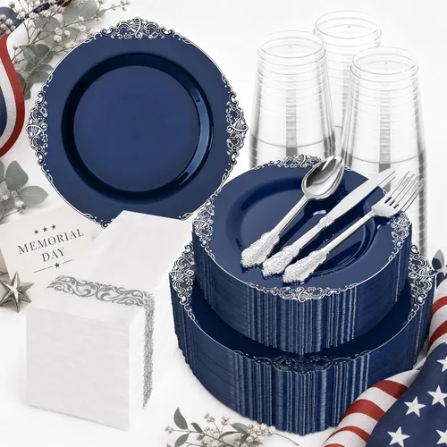 Miniatura 27 de Hioasis 350 platos de plástico transparente y dorado, elegante juego de vajilla desechable adecuado para 50 invitados, incluye platos de cena