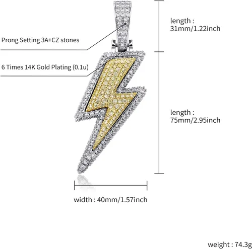 Miniatura 26 de JINAO Hip Hop - Colgante con diseño de rayo chapado en oro de 18 quilates con circonita cúbica con micropave de imitación de diamante para hombres