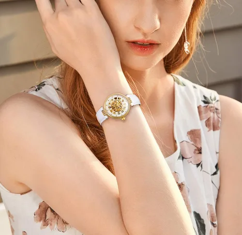 Miniatura 2 de Reloj de pulsera para mujer, analógico, números romanos esqueleto cristal automático automático automático reloj de cuero mecánico