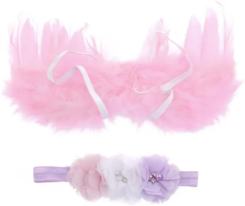 Miniatura 2 de Jackcell Accesorios de fotografía para recién nacidos, disfraz de alas de ángel, traje de bebé niña con diadema de flores (rosa)