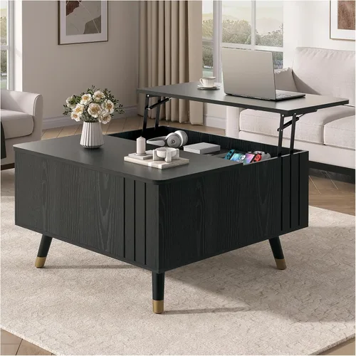 Miniatura 20 de JOINICE - Mesa auxiliar cuadrada con tapa elevable para sala estar u oficina en casa, con almacenamiento, compartimento oculto, estilo moderno Nogal