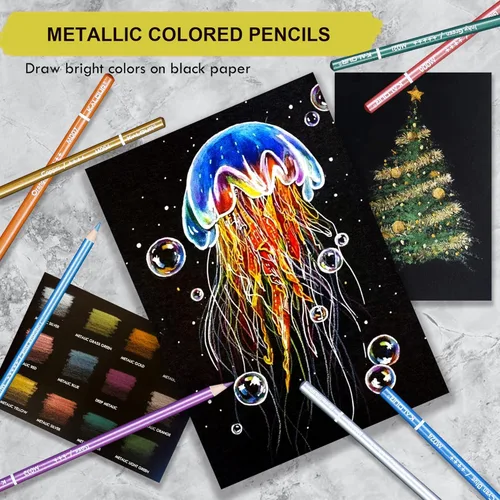 Miniatura 5 de KALOUR 50 lápices de colores metálicos para adultos, núcleo suave con colores vibrantes, ideales para dibujar, mezclar, bocetos, sombreado, lápices