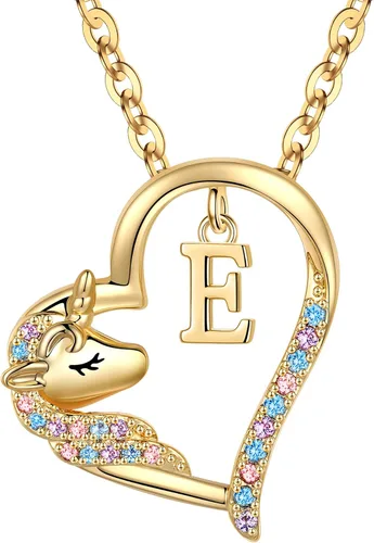 Miniatura 22 de Anoup Collar con inicial de unicornio, chapado en oro de 14 quilates, hipoalergénico con circonita cúbica, colgante de diamante simulado, joyería