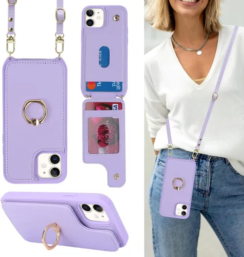 Miniatura 15 de Lipvina Funda para iPhone 13 Mini con tarjetero y correa para mujer, cordón cruzado, soporte de anillo con soporte, cierre a presión, bloqueo RFID