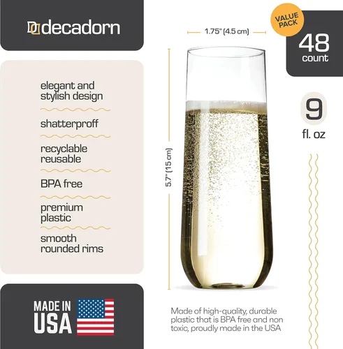 Miniatura 3 de DECADORN Copas de champán tipo flauta transparentes sin tallo de plástico, paquete de 48 - Copas de champán de plástico de 9 oz - Vasos de mimosa