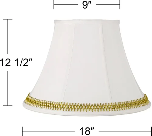 Miniatura 3 de Pantalla de campana grande blanca con ribete de tejido satinado dorado, 9 pulgadas superior x 18 pulgadas inferior x 13 pulgadas de alto (araña)