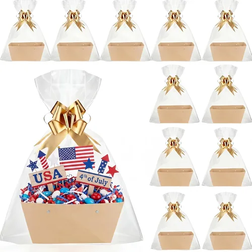 Miniatura 13 de Colarr Paquete de 12 cestas vacías de papel kraft para regalo, con asa y lazo, bandeja de mercado de cartón para rellenar para el Día de la Madre