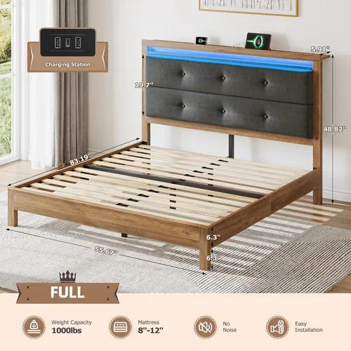 Miniatura 2 de EnHomee Base de cama de tamaño matrimonial con carga USB y tipo C y luces LED, cabecera de almacenamiento tapizada, cama de plataforma de madera