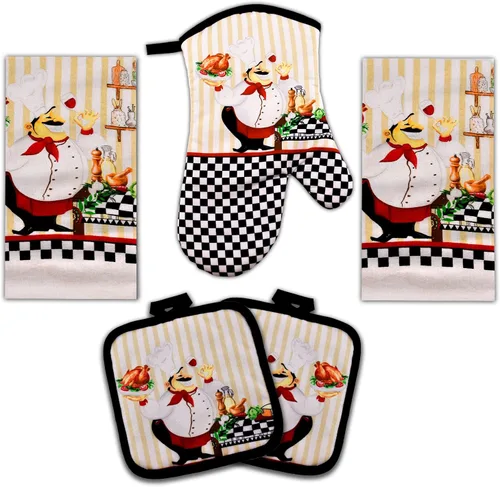 Miniatura 14 de Juego de toallas de cocina Café Latte de 5 piezas – Guante acolchado para horno y 2 agarraderas, perfecto para los amantes del café