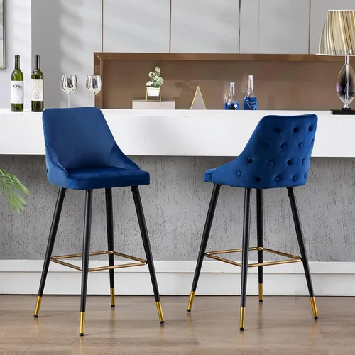 Miniatura 2 de DUHOME Juego de 2 taburetes de bar con botones de terciopelo, modernos taburetes de bar de 30 pulgadas con respaldo y base dorada para cocina, Azul