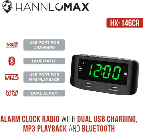 Miniatura 6 de HANNLOMAX HX-146CR Radio despertador, radio FM PLL, alarma dual, pantalla LED verde de 1.2 pulgadas, Bluetooth, 1 puerto USB para carga de 2.4 A y 1