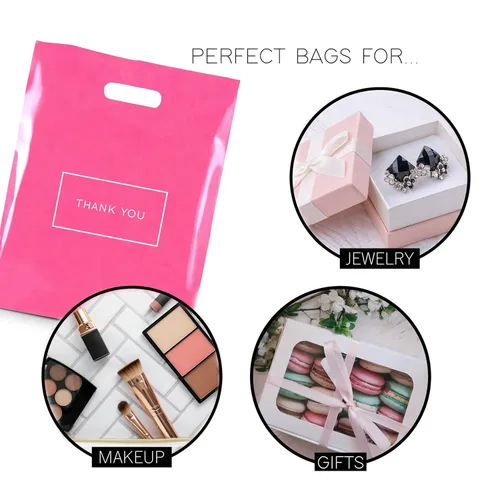 Miniatura 3 de Purple Q Crafts Bolsas de compras de plástico troqueladas rosadas con logotipo de agradecimiento de 9 x 12 pulgadas con asas, paquete de 50