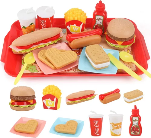 Juego de comida de juego de simulación para niños, juego de comida rápida extraíble con bandeja, combo de hamburguesas, papas fritas, accesorios de