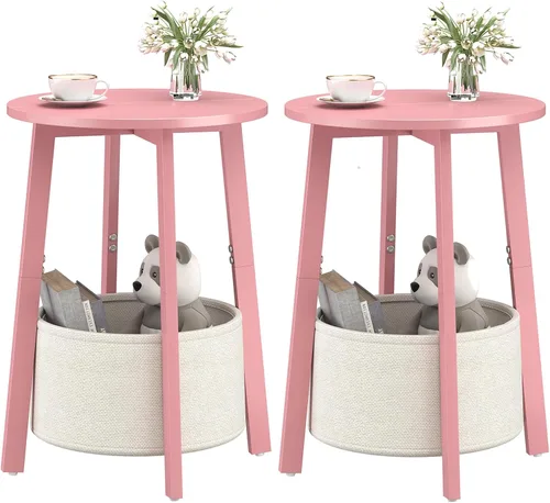 Miniatura 8 de sthmec Mesa auxiliar pequeña redonda con cesta de almacenamiento de tela, mesa de centro redonda con marco de metal para sofás de cama, mesas