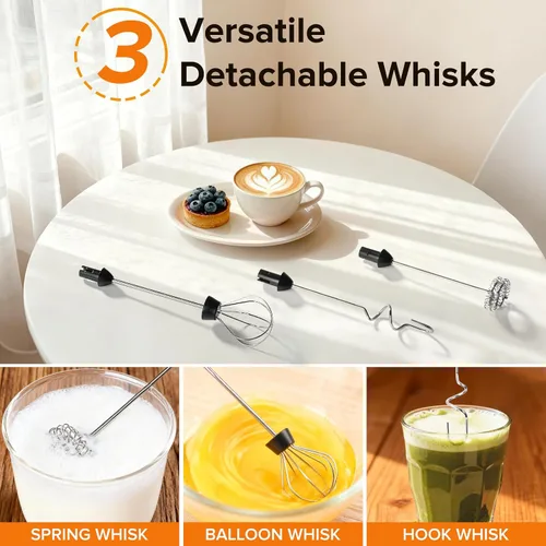 Miniatura 3 de Espumador de leche de mano, varita espumadora de 3 velocidades recargable, con 3 batidores desmontables, espumador de café para café, café