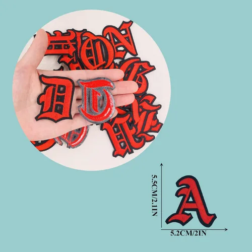 Miniatura 3 de Parches de letras góticas rojas termo-adhesivas en antiguo inglés A-Z de 2" bordados, transferencia térmica/cosido en iniciales deportivas, alfabeto