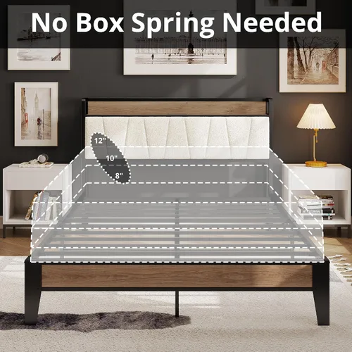 Miniatura 101 de LIKIMIO Base de cama Queen, cabecera de almacenamiento con estación de carga, sólida y estable, sin ruido, no necesita somier, fácil montaje Vintage