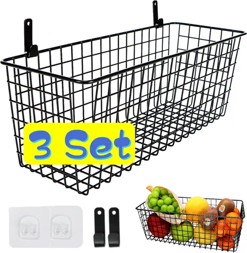 Joben Oligey Juego de 3 cestas colgantes de pared [extragrandes], cesta de alambre para almacenamiento de despensa, almacenamiento de alimentos de