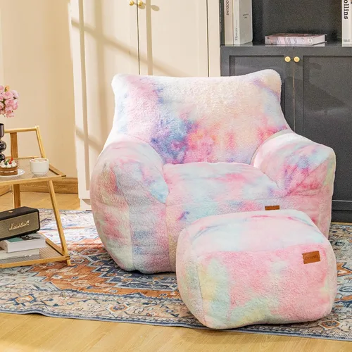 Miniatura 11 de Cvortll Silla de Puf con Otomana, Sillas de Puf con Reposobrazos y Relleno, Silla de Puf Ultra Suave y Esponjosa de Pelo Sintético con Reposapiés