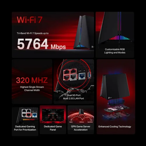Miniatura 3 de TP-Link Tri-Band BE11000 Wi-Fi 7 Router para Juegos Archer GE650 6 flujos 11 Gbps soporta 320MHz 2×5G + 3×2.5G Puertos USB 3.0 Aceleración