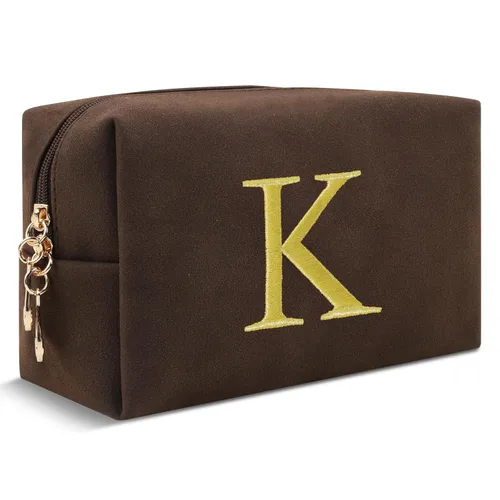 Miniatura 221 de Pequeña bolsa de maquillaje personalizada con inicial A-Z Preppy Patch, bolsa de cosméticos de viaje de felpilla blanca con cremallera, bonita bolsa