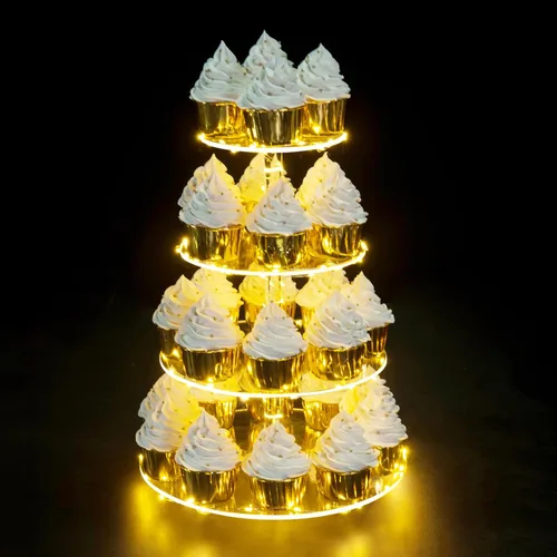 Miniatura 9 de Soporte para Cupcakes, Soporte Redondo para Cupcakes de 4 Niveles con Tira de Luces LED, Torre de Exhibición de Cupcakes de Acrílico para Bodas, Azul