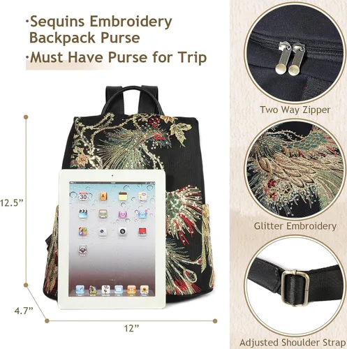 Miniatura 5 de Bolso bordado de la mochila de las mujeres, bolso antirrobo de la mochila del viaje de la lona de la moda, Bordado con purpurina, Mochilas de mochila